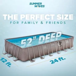 Summer Waves Elite 24′ x 12′ x 52″ Rectangular Above Ground Swimming Pool Set Gray