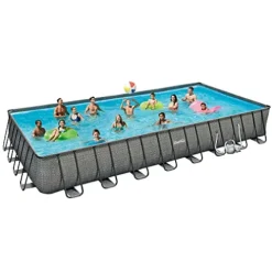 Summer Waves Outdoor Rectangular Frame Above Ground Swimming Pool Set Gray