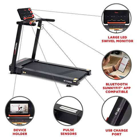 Sunny Health & Fitness Slim Folding Treadmill with 12-Level Auto Incline Black