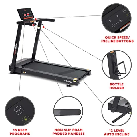 Sunny Health & Fitness Slim Folding Treadmill with 12-Level Auto Incline Black
