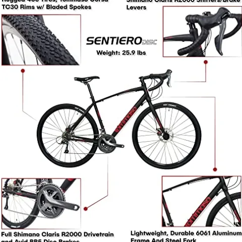 Tommaso Sentiero Sport Performance Aluminum Gravel Bike Shimano Claris 24 Speeds Road Bicycle Matte Black/Red