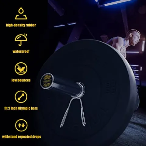 ToughFit Bumper Plate with Steel Insert – Rubber 2″ Olympic Barbell Weightlifting Plates Set Black