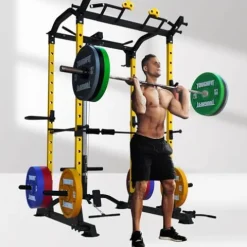 ToughFit Power Cage 1000lbs Squat Rack with Weights and Bar Set Black&Yellow