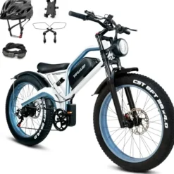Tumotcy 1000W Electric Bike 52V 23Ah 7-Speed Fat Tire Dual Motor White