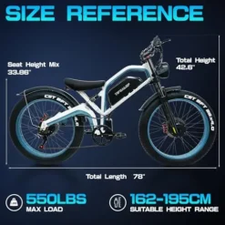 Tumotcy 1000W Electric Bike 52V 23Ah 7-Speed Fat Tire Dual Motor White