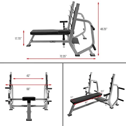 Valor Fitness Olympic Weight Bench Press Station Spotter Arms Adjustable Safety Catch Plate Storage Pegs Power Lifting Home Gym Workout Equipment BF-49 Metallic Grey and Black