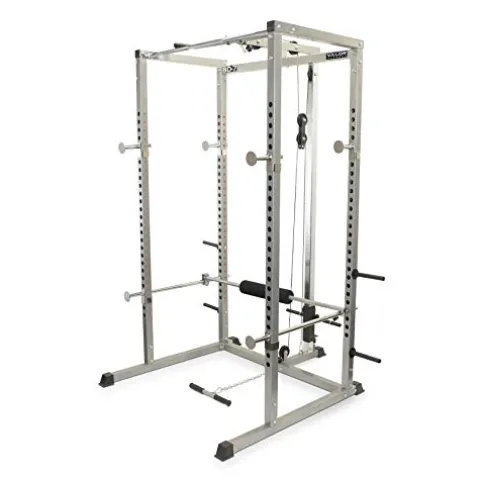 Valor Fitness Power Squat Rack with Lat Pull Attachment and Pull Up Bar Station Black