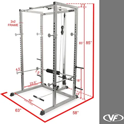 Valor Fitness Power Squat Rack with Lat Pull Attachment and Pull Up Bar Station Black
