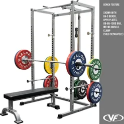 Valor Fitness Power Squat Rack with Lat Pull Attachment and Pull Up Bar Station Black