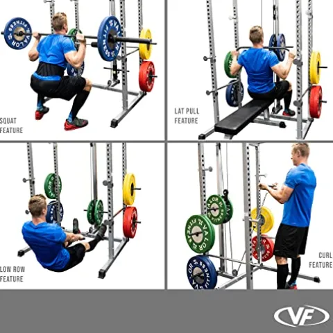 Valor Fitness Power Squat Rack with Lat Pull Attachment and Pull Up Bar Station Black
