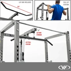 Valor Fitness Power Squat Rack with Lat Pull Attachment and Pull Up Bar Station Black
