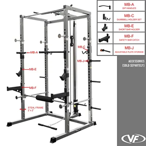 Valor Fitness Power Squat Rack with Lat Pull Attachment and Pull Up Bar Station Black