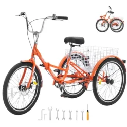 VEVOR Folding Adult Tricycle 26-Inch Lightweight Aluminum Alloy 3 Wheel Cruiser Bike with Large Rear Basket Orange