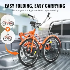 VEVOR Folding Adult Tricycle 26-Inch Lightweight Aluminum Alloy 3 Wheel Cruiser Bike with Large Rear Basket Orange