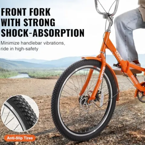 VEVOR Folding Adult Tricycle 26-Inch Lightweight Aluminum Alloy 3 Wheel Cruiser Bike with Large Rear Basket Orange