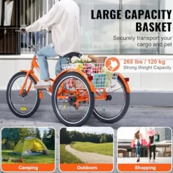 VEVOR Folding Adult Tricycle 26-Inch Lightweight Aluminum Alloy 3 Wheel Cruiser Bike with Large Rear Basket Orange