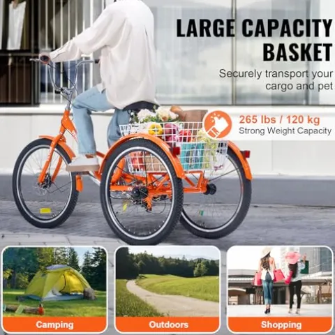 VEVOR Folding Adult Tricycle 26-Inch Lightweight Aluminum Alloy 3 Wheel Cruiser Bike with Large Rear Basket Orange