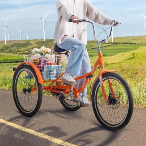 VEVOR Folding Adult Tricycle 26-Inch Lightweight Aluminum Alloy 3 Wheel Cruiser Bike with Large Rear Basket Orange