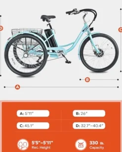 Viribus 26″ Electric Tricycle for Adults, 7 Speed Electric Trike with 350W Motor UL Certified 36V 13Ah Battery, Aqua