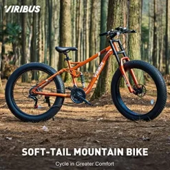 Viribus Fat Tire Bike Mens Mountain Bike Full Suspension Shimano 21 Speed Aluminium Alloy Frame 26″ MTB Adult Bike Orange