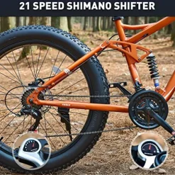 Viribus Fat Tire Bike Mens Mountain Bike Full Suspension Shimano 21 Speed Aluminium Alloy Frame 26″ MTB Adult Bike Orange