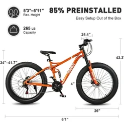 Viribus Fat Tire Bike Mens Mountain Bike Full Suspension Shimano 21 Speed Aluminium Alloy Frame 26″ MTB Adult Bike Orange
