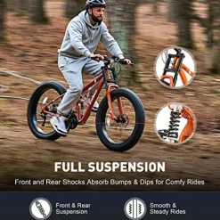 Viribus Fat Tire Bike Mens Mountain Bike Full Suspension 21 Speed Aluminium Alloy Frame 26″ MTB Adult Bicycle Orange
