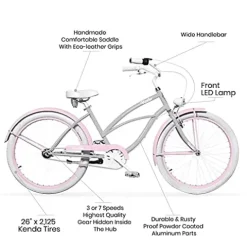 Vivelo LA Donna Beach Cruiser for Women Complete Bike Aluminium Lightweight Frame 26-Inch 7-Speed Adele