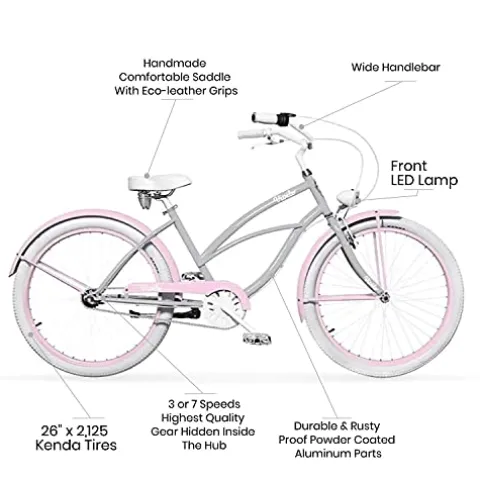 Vivelo LA Donna Beach Cruiser for Women Complete Bike Aluminium Lightweight Frame 26-Inch 7-Speed Adele