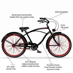 Vivelo Rider Beach Cruiser Men’s Bike 26-Inch 3-Speed Monza