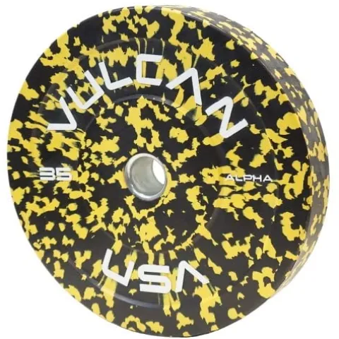 VULCAN 230 lb Alpha Bumper Plate Set Blue Fleck Yellow Fleck Green Fleck Grey Fleck