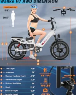 W Wallke Electric Bike for Adults 48V 40Ah 1600W/2800W Peak Dual Motor Fast Long Range Ebike 20 inch Fat Tire Full Suspension Electric Bicycle 31/34MPH Step Thru E-bike APP Control UL2849 Certified Black