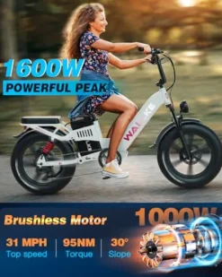 W Wallke Electric Bike for Adults 48V 40Ah 1600W/2800W Peak Dual Motor Fast Long Range Ebike 20 inch Fat Tire Full Suspension Electric Bicycle 31/34MPH Step Thru E-bike APP Control UL2849 Certified White