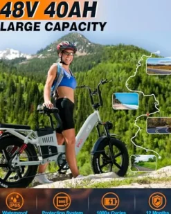 W Wallke Electric Bike for Adults 48V 40Ah 1600W/2800W Peak Dual Motor Fast Long Range Ebike 20 inch Fat Tire Full Suspension Electric Bicycle 31/34MPH Step Thru E-bike APP Control UL2849 Certified White