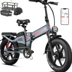 W Wallke Folding Electric Bike for Adults, 1750W Dual Motor, 48V 40Ah Long Range Ebike 20″ Fat Tire Gray