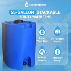 WaterPrepared 4 Pack 55 Gallon Stackable Rain Barrel Storage Blue