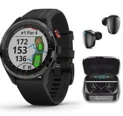 Wearable4U Garmin Approach S62 Premium GPS Black Golf Watch with Black Earbuds Bundle