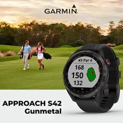 Wearable4U Garmin Approach S42 Premium GPS Golf Watch Gunmetal Black Silicone Band