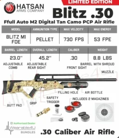 Wearable4U Hatsan Blitz Limited Edition PCP Air Rifle Bundle .30 Cal Digital Tan Camo with Pellets & Targets