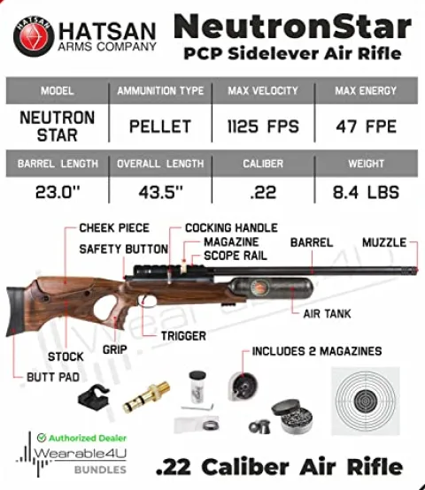 Wearable4U Hatsan NeutronStar .22 Cal PCP Air Rifle Bundle with 250 Pellets and 100 Paper Targets