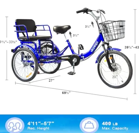 WEIMMIN Adult Tricycle 7 Speed, 20 Inch 3 Wheel Bikes Folding Tricycle for Adults Star Strip Blue