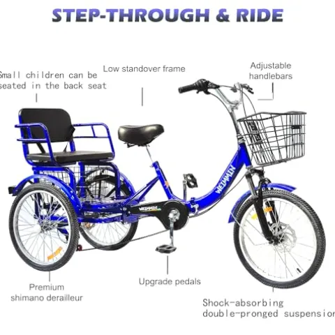 WEIMMIN Adult Tricycle 7 Speed, 20 Inch 3 Wheel Bikes Folding Tricycle for Adults Star Strip Blue