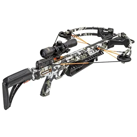 Wicked Ridge Rampage XS Crossbow Peak XT 390 FPS with Lighted Scope, Rope-Sled, Tactical Stock & 3 Arrows Peak Camo
