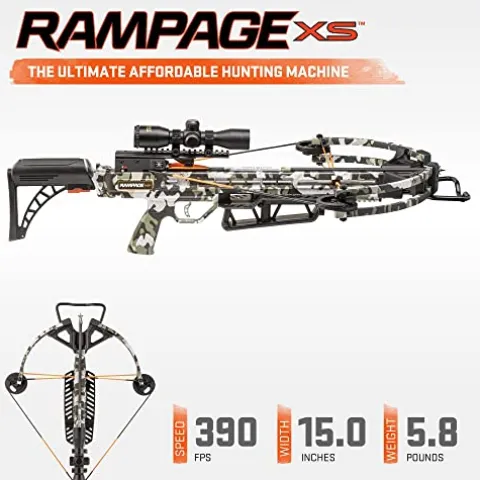 Wicked Ridge Rampage XS Crossbow Peak XT 390 FPS with Lighted Scope, Rope-Sled, Tactical Stock & 3 Arrows Peak Camo