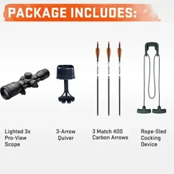 Wicked Ridge Rampage XS Crossbow Peak XT 390 FPS with Lighted Scope, Rope-Sled, Tactical Stock & 3 Arrows Peak Camo