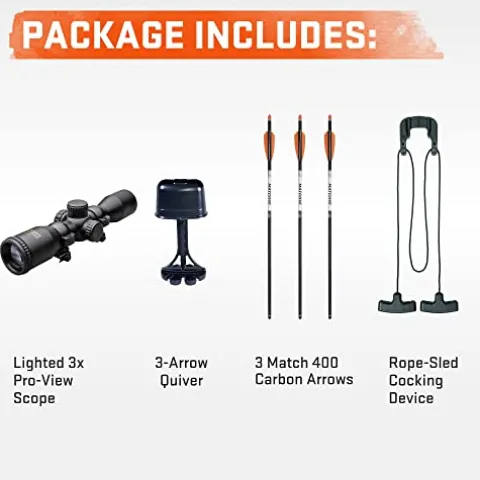 Wicked Ridge Rampage XS Crossbow Peak XT 390 FPS with Lighted Scope, Rope-Sled, Tactical Stock & 3 Arrows Peak Camo