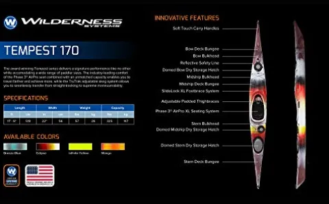 Wilderness Systems Tempest 170 Sit Inside Touring Kayak Adjustable Skeg Phase 3 Air Pro Seating Yellow