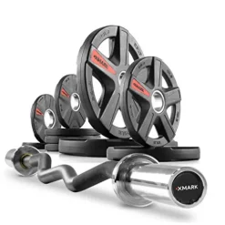 XMark Olympic Curl Bar with Weights 95 lb Set TEXAS STAR Plates – 02) BAR and 95 lb Set