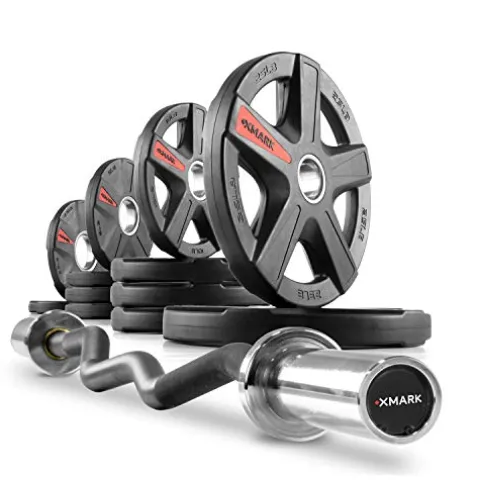 XMark Olympic Curl Bar with Weights 115 lb Set Texas Star Plates Blue