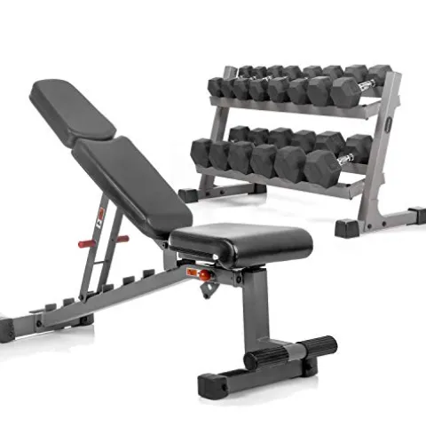 XMark Two Tier Heavy Duty Steel Dumbbell Rack with 380 lb Set, Bench